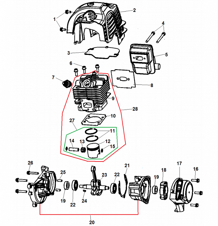 1 ПОРШЕНЬ - ЦИЛИНДР - СВЕЧА - КОЛЕНВАЛ ТРИММЕР CHAMPION Т275