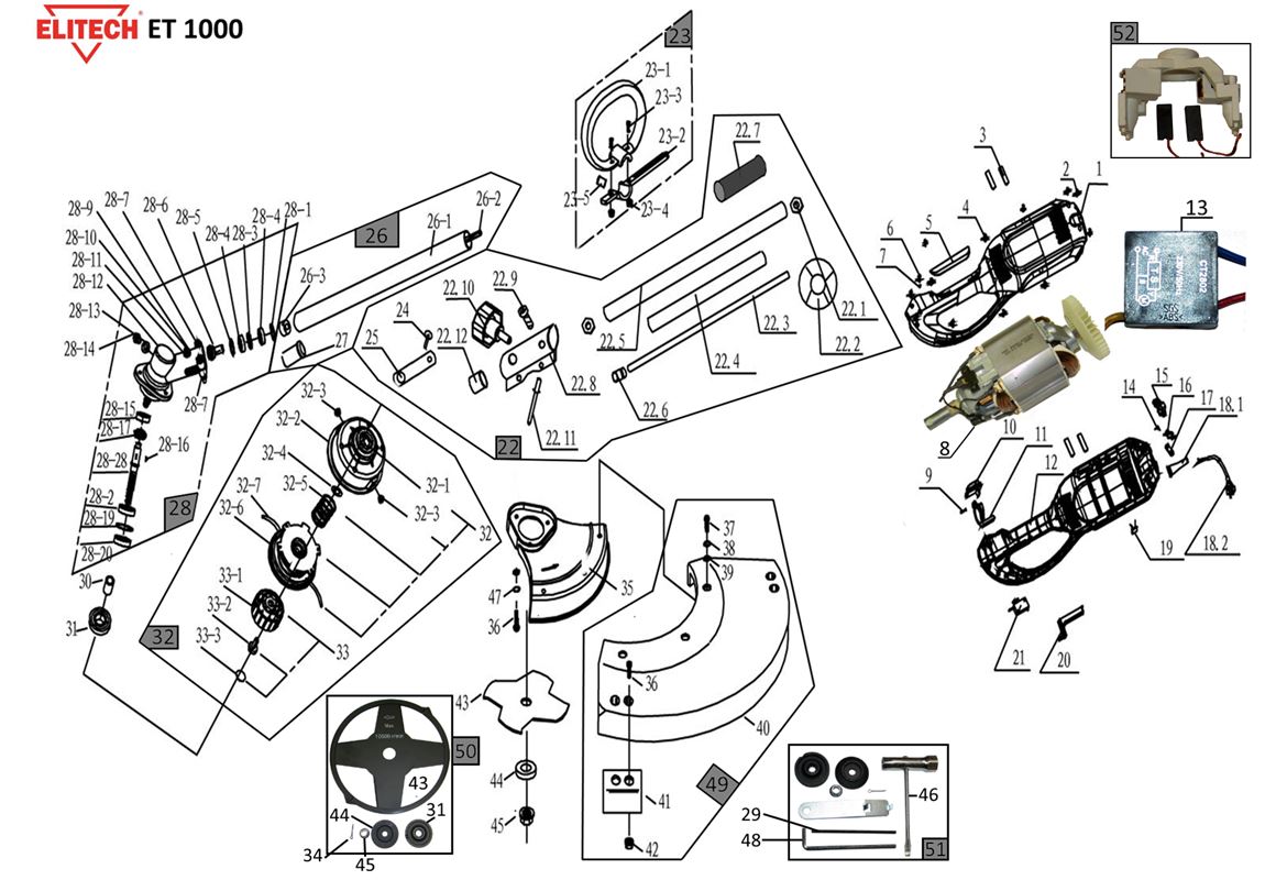ЗАПЧАСТИ ДЛЯ ТРИММЕРА ЭЛЕКТРИЧЕСКОГО ELITECH ЕТ 1000 (2020 ГОД)