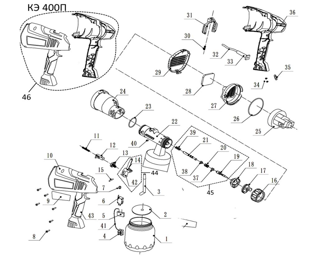 ЗАПЧАСТИ ДЛЯ КРАСКОРАСПЫЛИТЕЛЯ ЭЛЕКТРИЧЕСКОГО ELITECH КЭ 400П